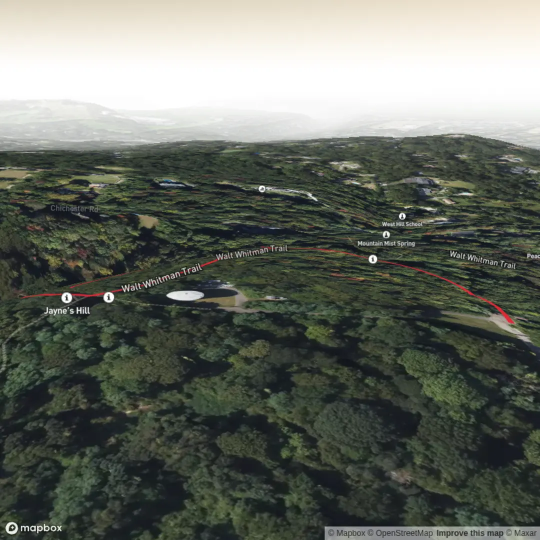 An image depicting the trail Jayne's Hill via Walt Whitman Trail and Long Island Summit and its surrounding area.