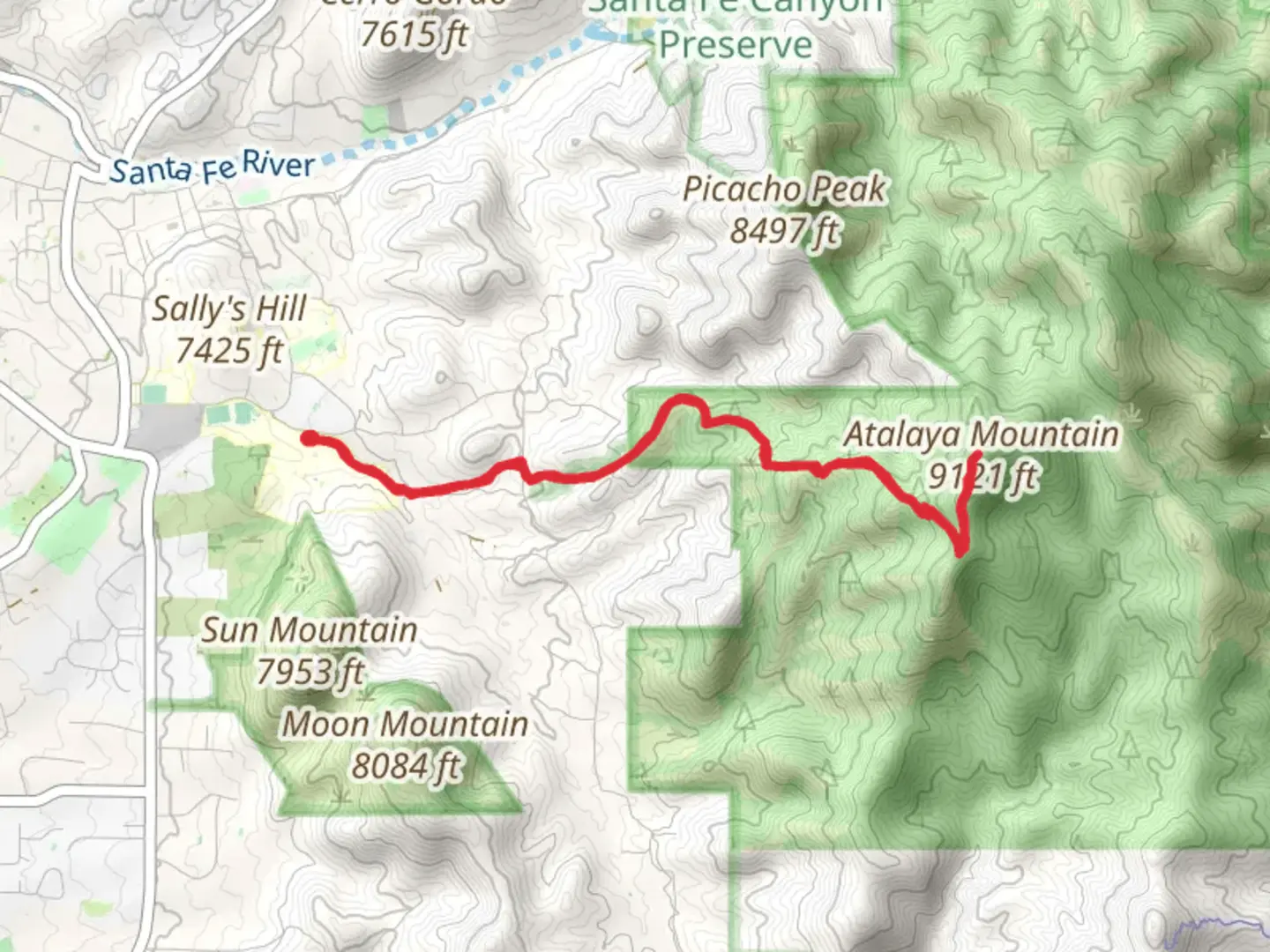 An image depicting the trail Atalaya Mountain via Saint John's Trail and its surrounding area.