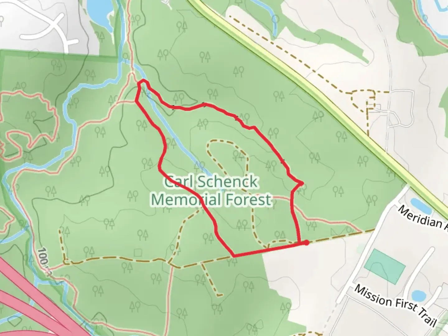 An image depicting the trail Mount Olivet Cemetery Loop and its surrounding area.