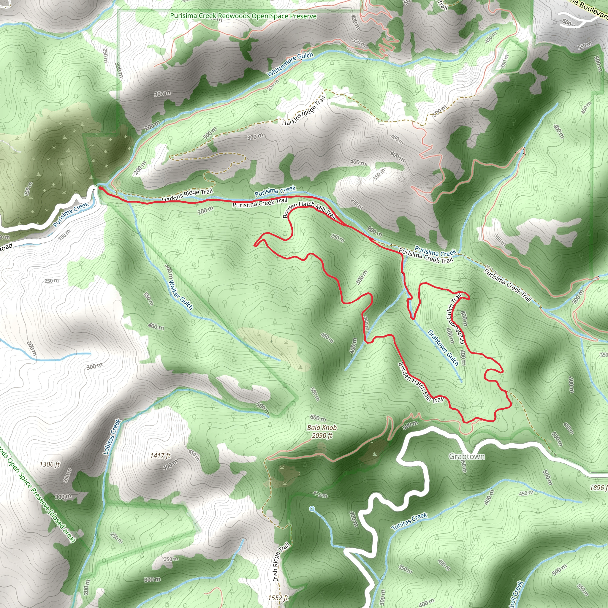 Purisima Creek, Grabtown Gulch andBorden Hatch Mill Loop Trail mobile static map