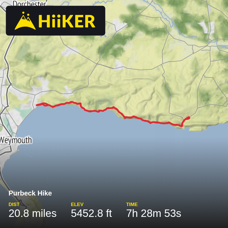 A map preview of the recording Purbeck Hike - 20 miler.