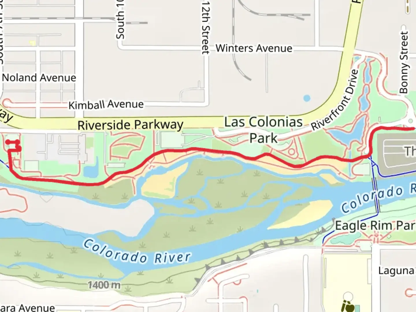 An image depicting the trail Riverside Trail - Las Colonias Section and its surrounding area.