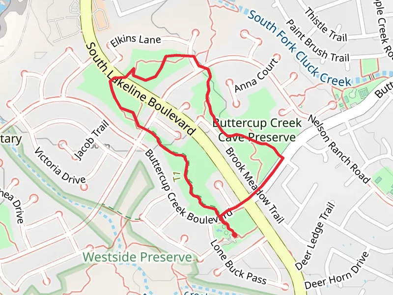 Likeline Park, Whitestone Preserve and Westside Preserve Loop via White and Cedar Elm Preserve Trail