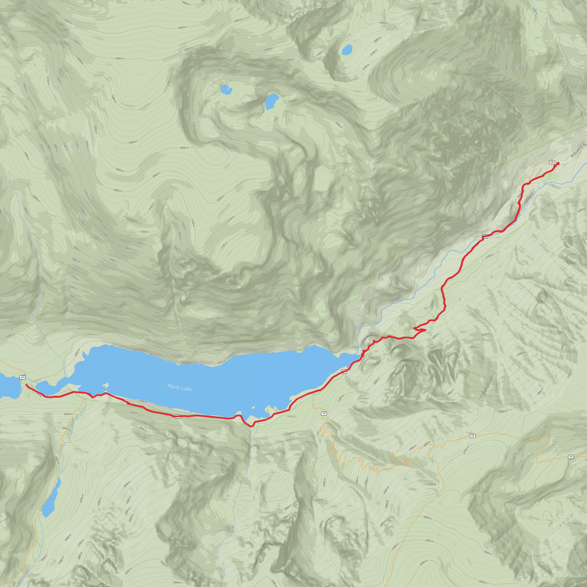 Mystic Lake and Island Lake via West Rosebud Trail mobile static map