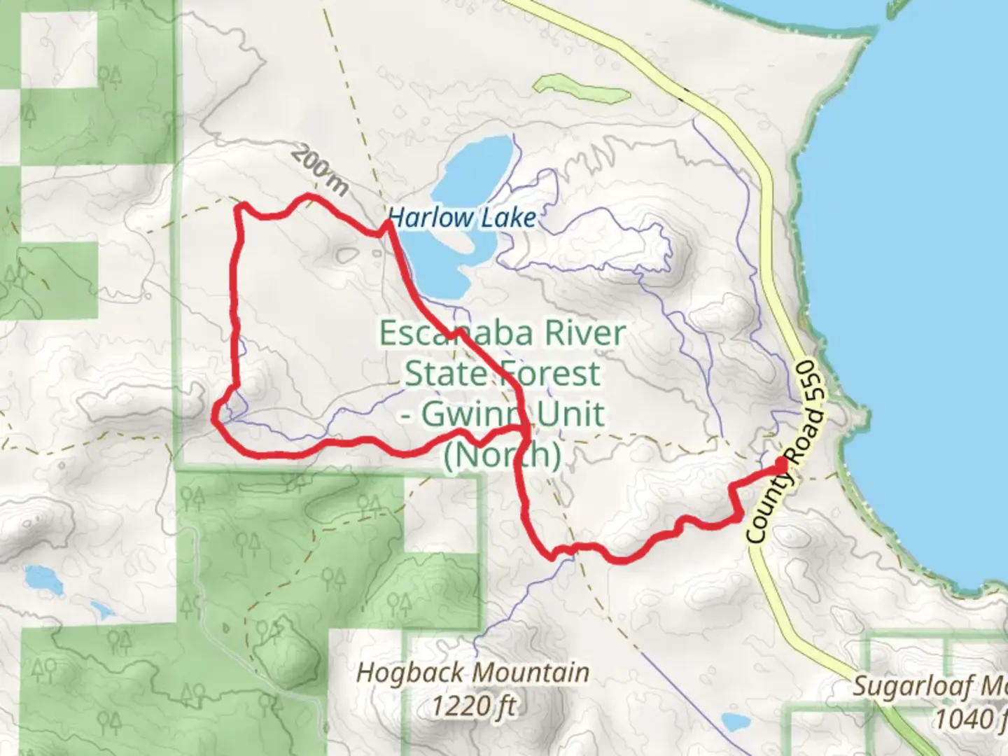 An image depicting the trail Hogback North, Jedi and Slacky Loop and its surrounding area.