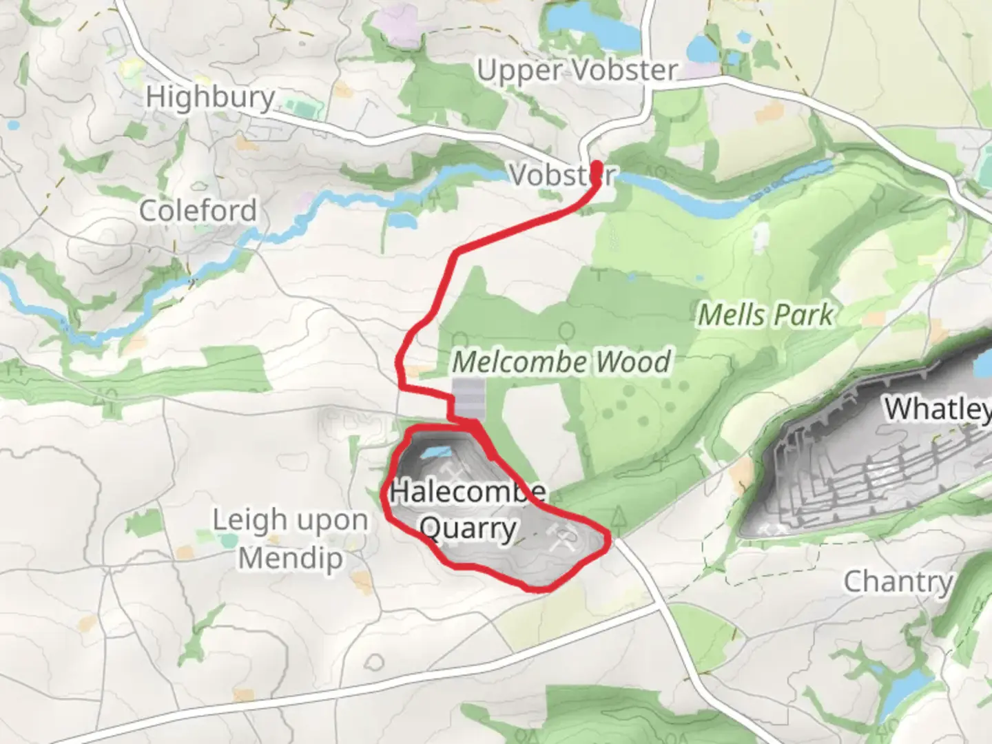 An image depicting the trail Vobster Loop and its surrounding area.