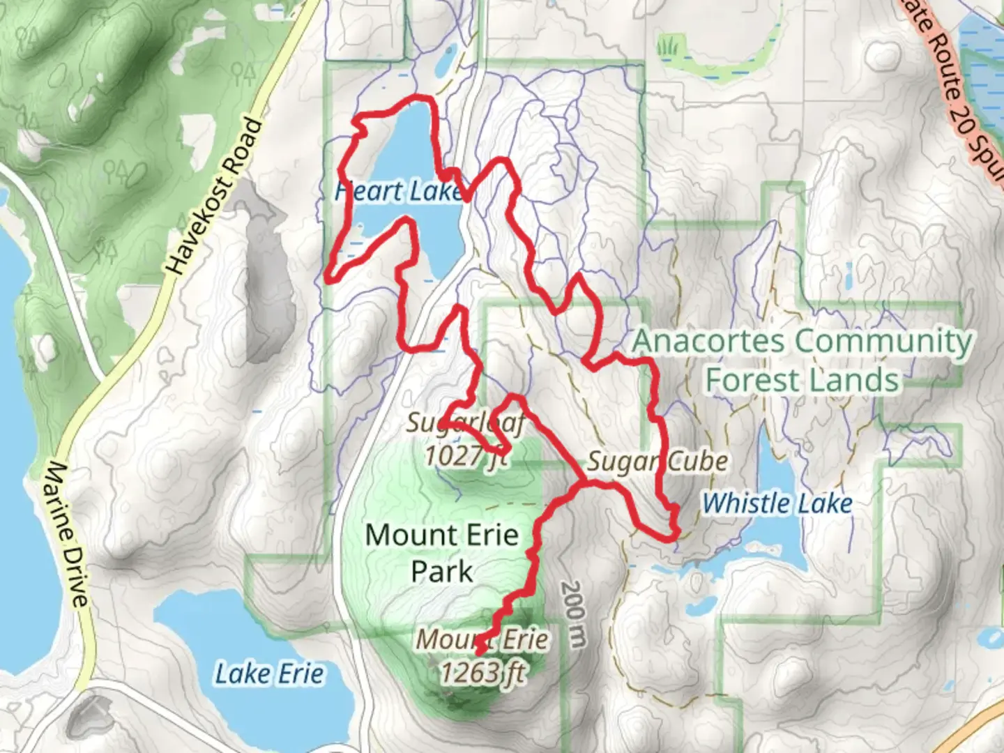 An image depicting the trail Heart Lake, Sugarloaf and Sugar Cube Loop and its surrounding area.