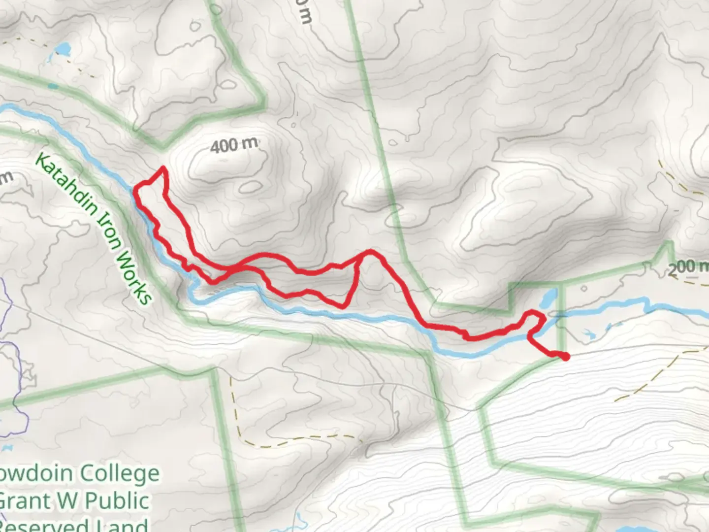 An image depicting the trail West Branch Pleasant River from Katahdin Iron Works Road and its surrounding area.