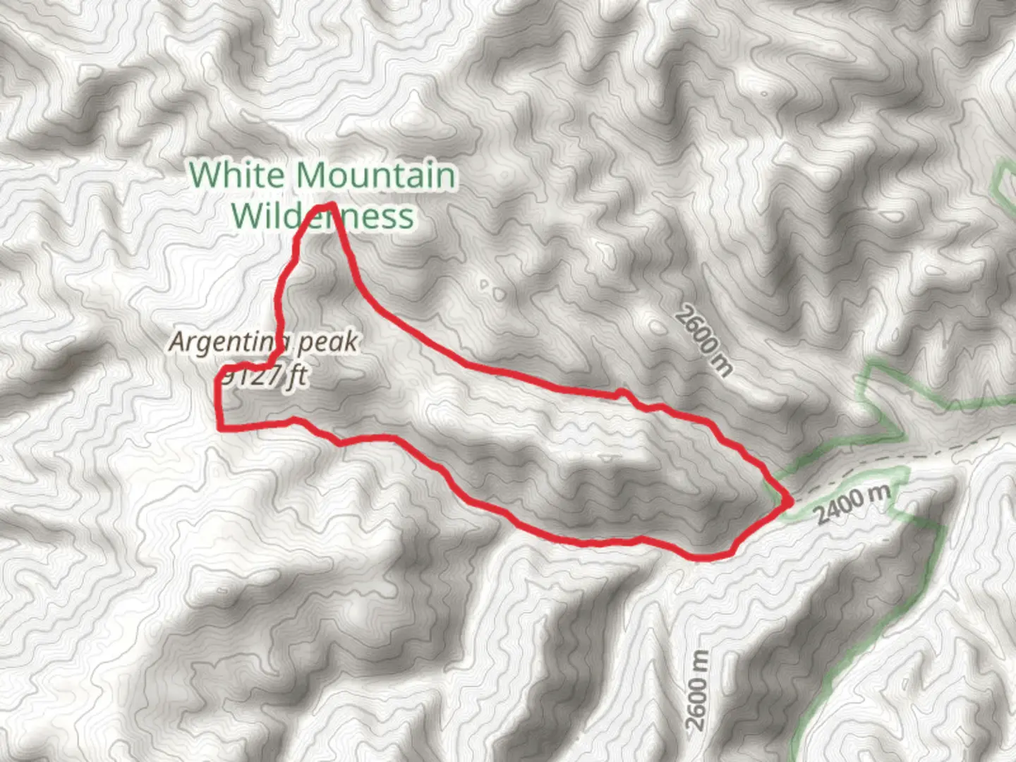 An image depicting the trail Argentina peak via Argentina Canyon and Little Bonito Loop Trail and its surrounding area.