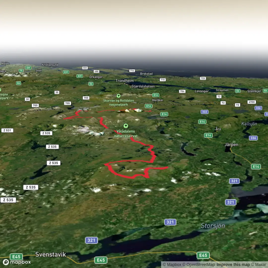 An image depicting the trail The Meander Route (The Jaemtland Mountain Traverse) and its surrounding area.