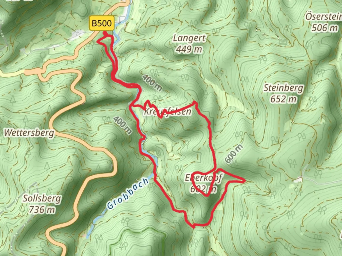 An image depicting the trail Eberkopf via Sperrstichweg and its surrounding area.