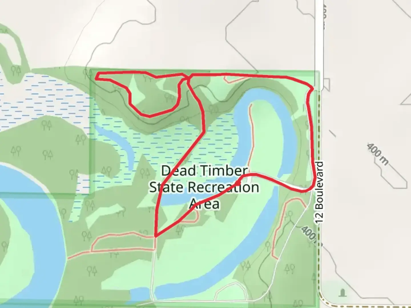An image depicting the trail Dead Timber State Recreation Area Loop and its surrounding area.