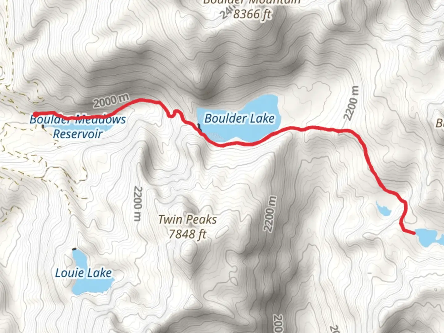 An image depicting the trail Rapid Lake-Boulder Lake-Boulder Meadows Reservoir and its surrounding area.
