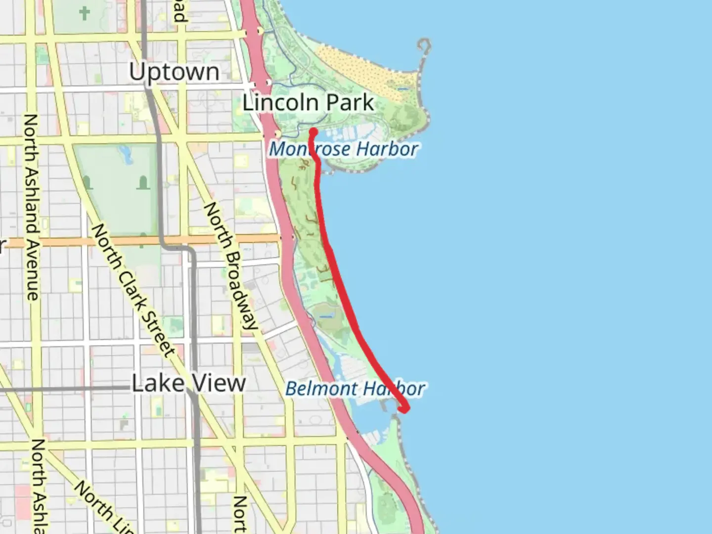 An image depicting the trail Montrose Harbor to Belmont Harbor and its surrounding area.