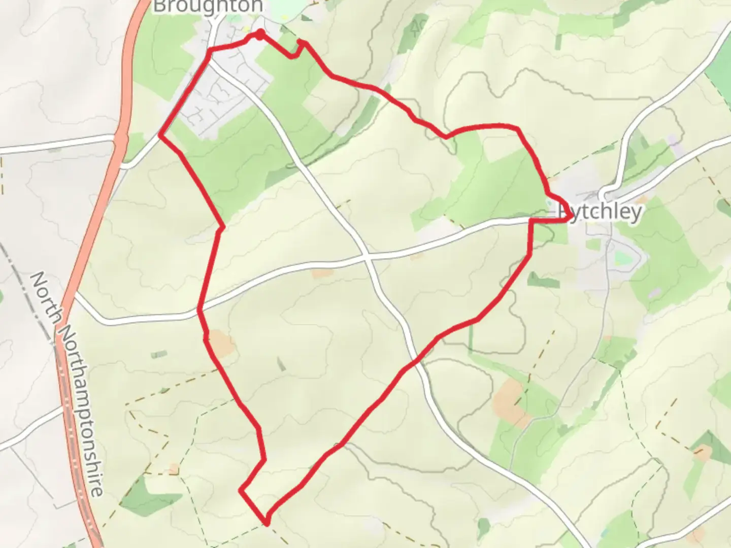 An image depicting the trail Parson's Spinney via Pytchley to Broughton Bridleway and its surrounding area.