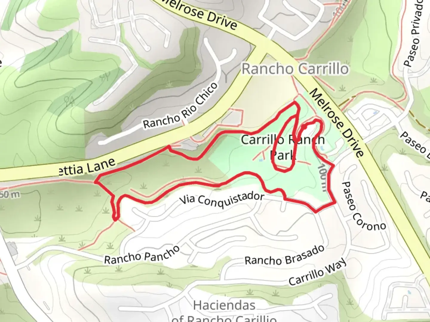 An image depicting the trail Carrillo Ranch Park Loop and its surrounding area.
