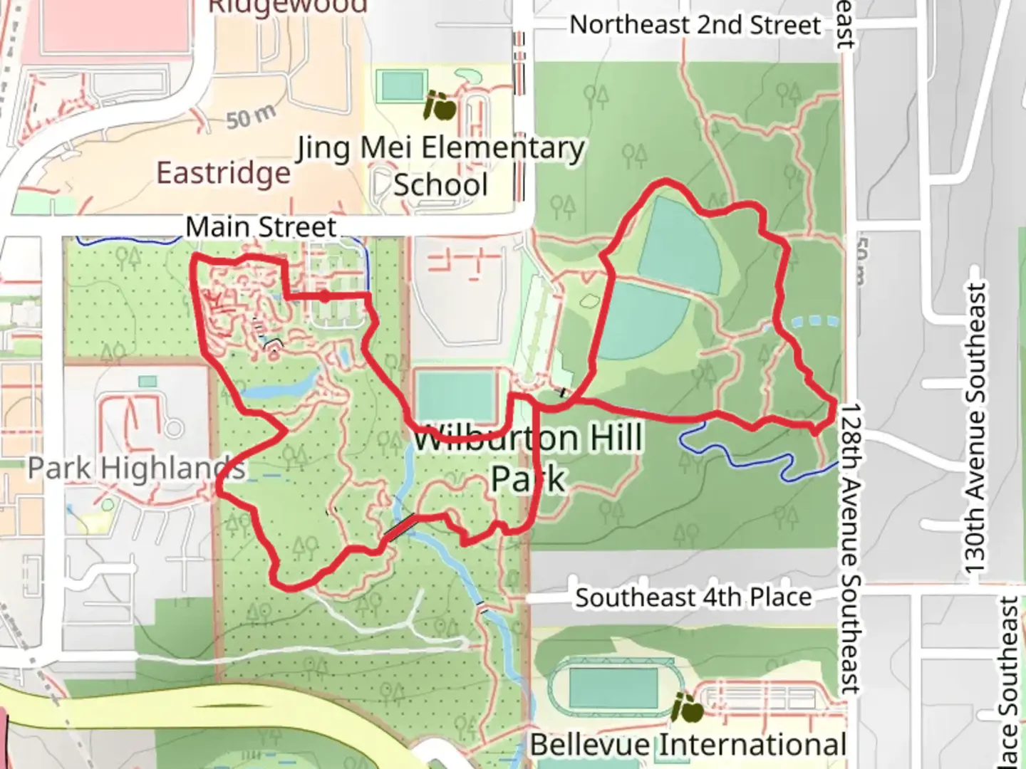 An image depicting the trail Tateuchi, Lake to Lake and Bellevue Botanical Garden Loop Trail and its surrounding area.