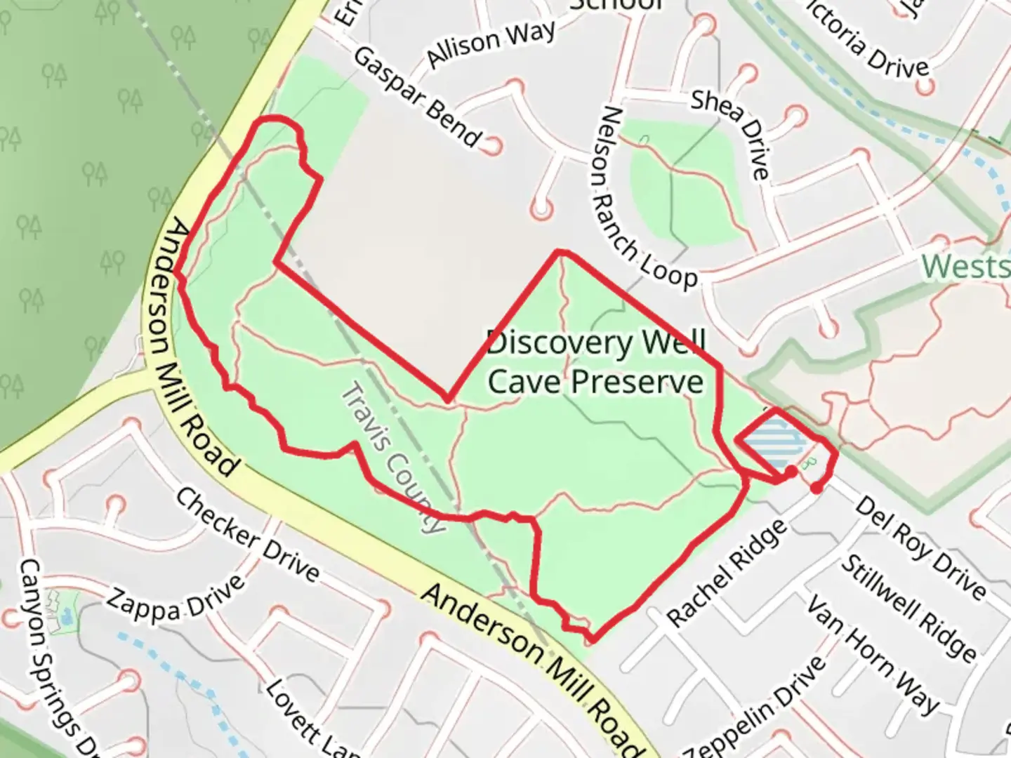 An image depicting the trail Discovery Well Cave Preserve Loop and its surrounding area.