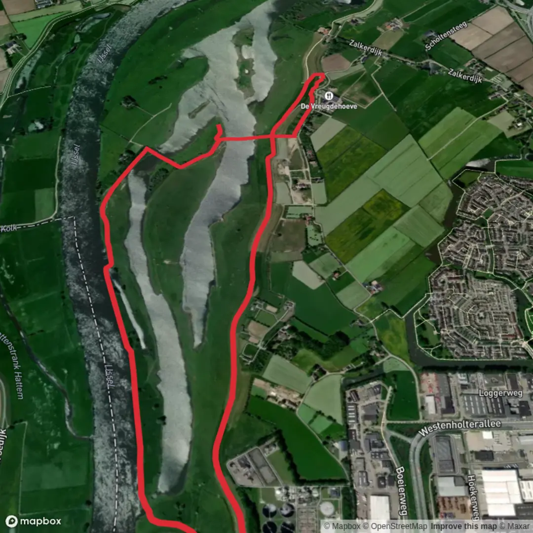 An image depicting the trail Ijssel and Vreugderijkerwaard via Rondje Zwolle and its surrounding area.