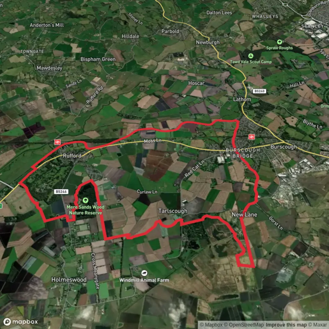 An image depicting the trail Burscough Wetlands and Canals Loop and its surrounding area.