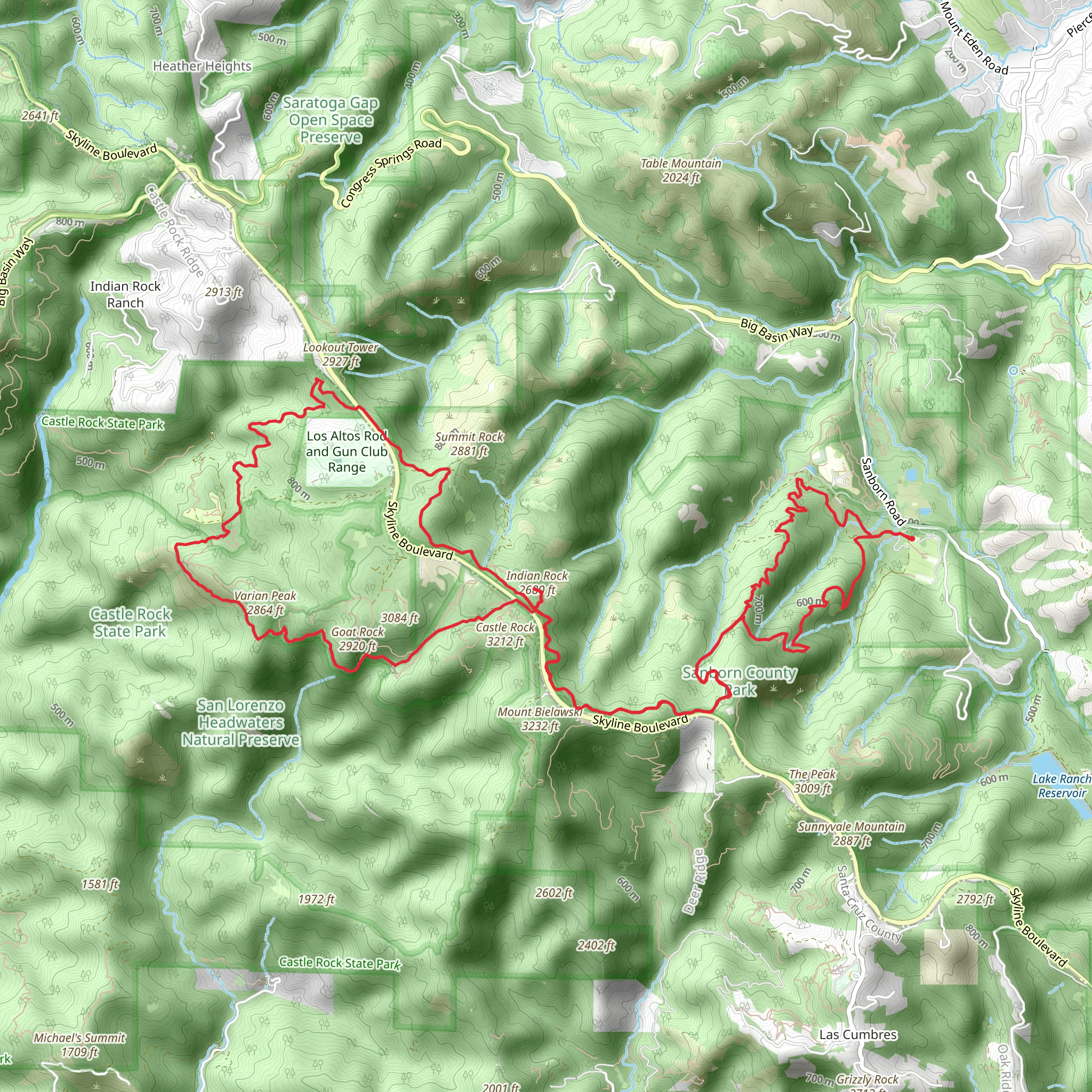 San Andreas, Saratoga Gap and Indian Rock Loop Trail mobile static map