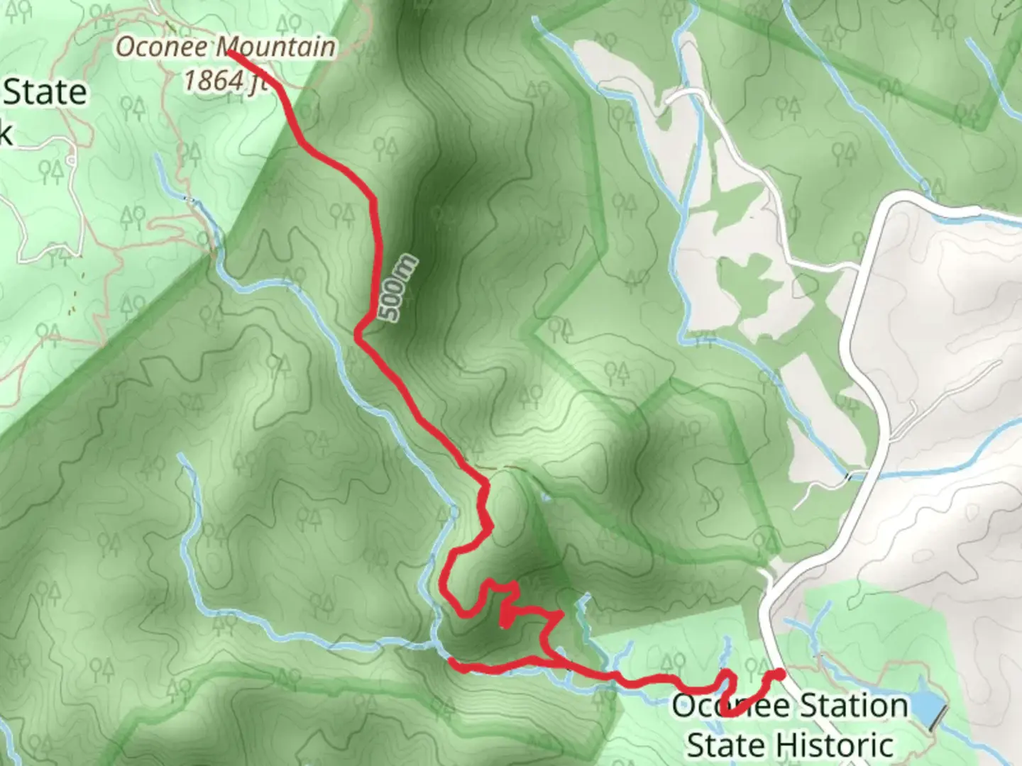 An image depicting the trail Station Cove Falls and Oconee Mountain and its surrounding area.