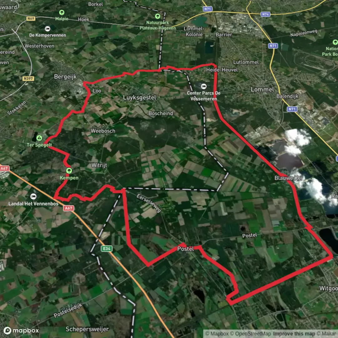 An image depicting the trail Cartierheide, De Kempen and Vakantiepark de Vossemeren Loop and its surrounding area.
