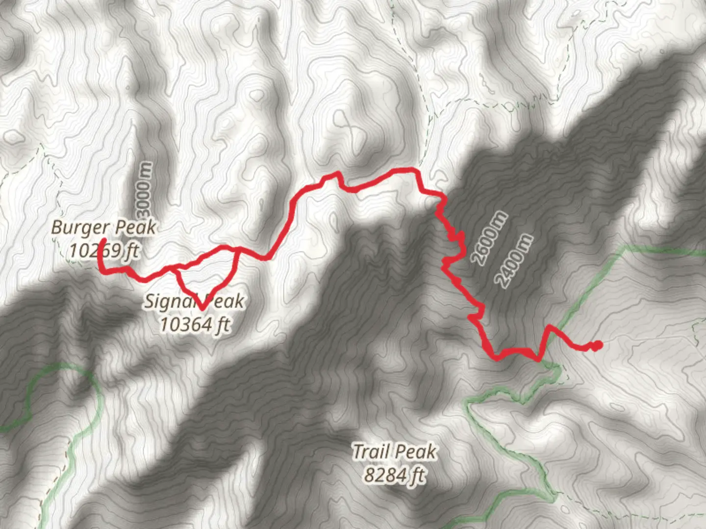 An image depicting the trail Signal Peak and Burger Peak via Summit Trail and its surrounding area.