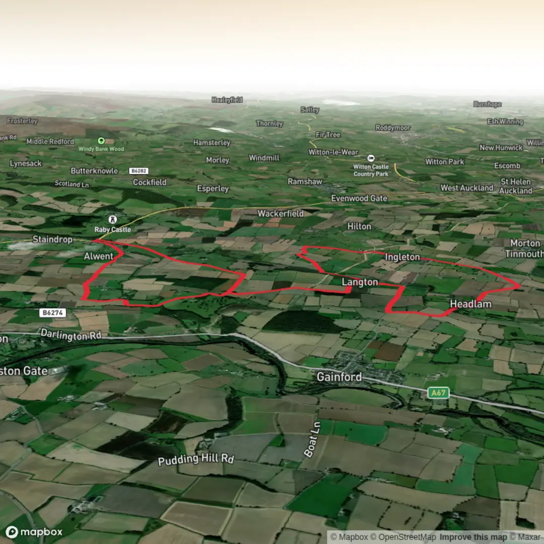 An image depicting the trail Headlam Hall Loop and its surrounding area.