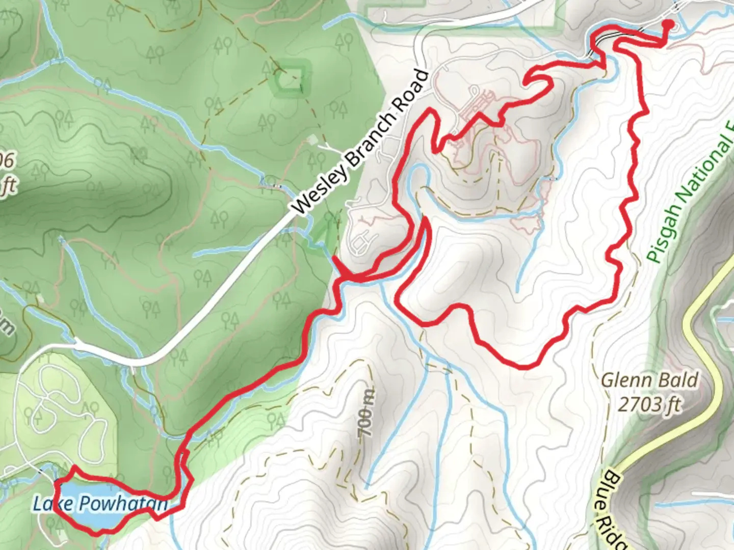 An image depicting the trail Old Mill Trail, Wesley Branch Trail and Lake Powhatan and its surrounding area.