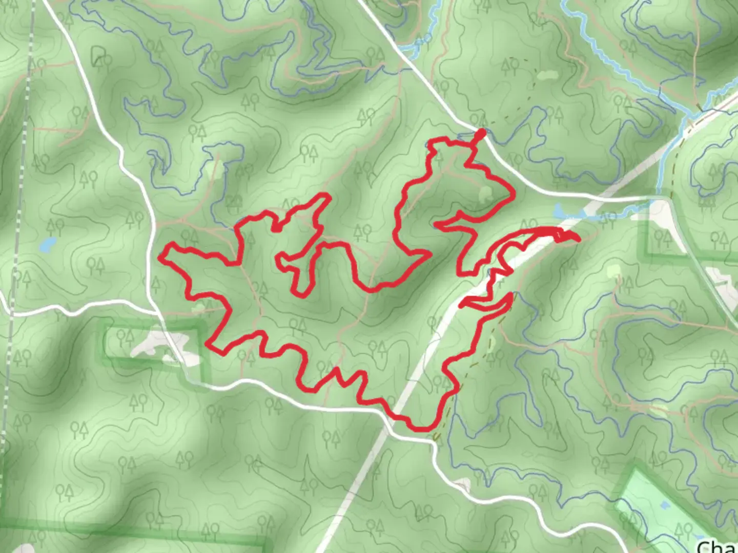 An image depicting the trail Wild Turkey Trail, Tipple Top Trail and Lost Marbles Trail and its surrounding area.