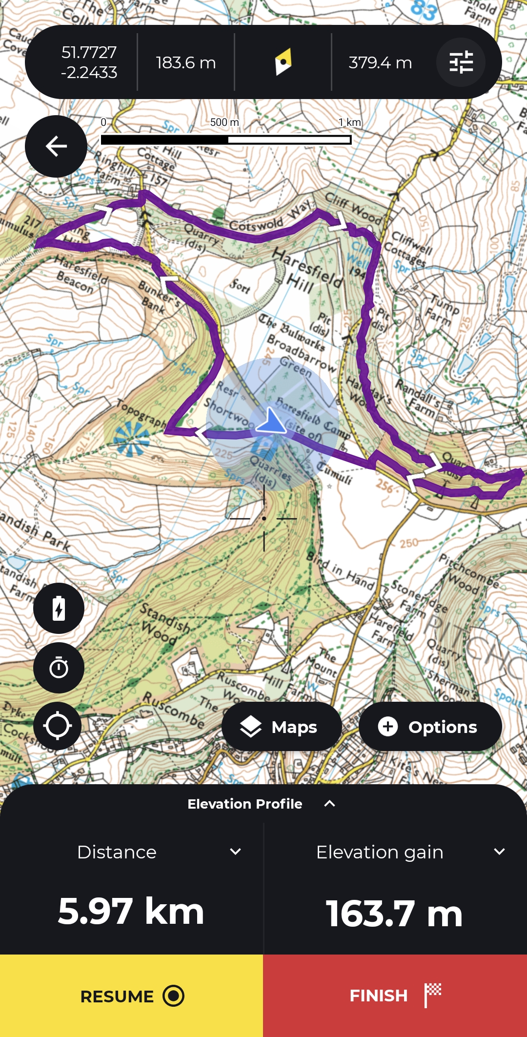 A map preview of the recording Cotswold Way - Haresfield Hill.