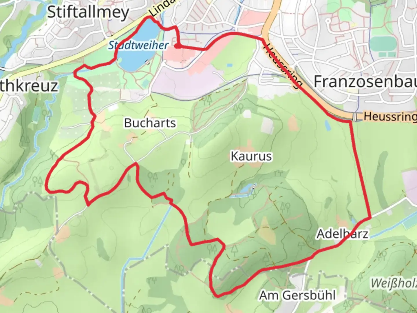 An image depicting the trail Stadtweiher and Steinberg Loop and its surrounding area.