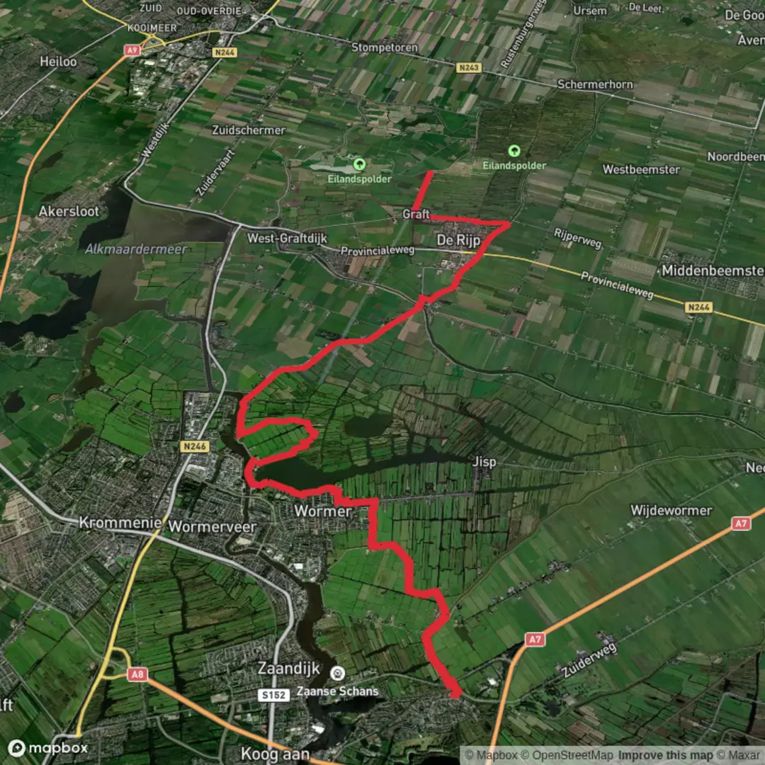 An image depicting the trail Schipbeek to t Meertje via De Poel and Mieuwijdt and its surrounding area.