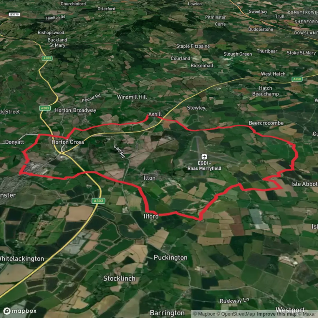 An image depicting the trail Ilminster Loop via Broad bridge and Speke's Hill and its surrounding area.