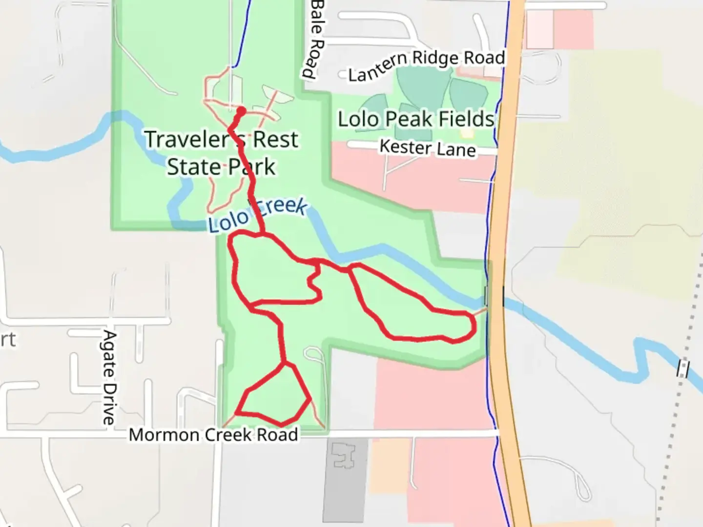 An image depicting the trail Traveler's Rest State Park Loop and its surrounding area.