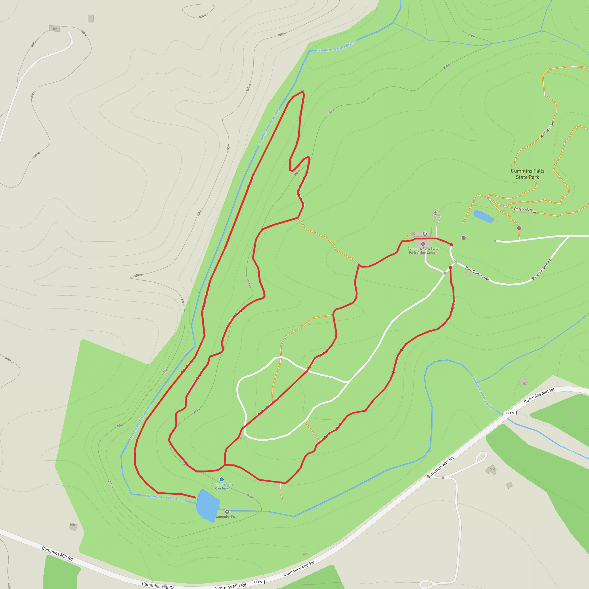 Cummins Falls via Falls Route and John Cummins Trail mobile static map