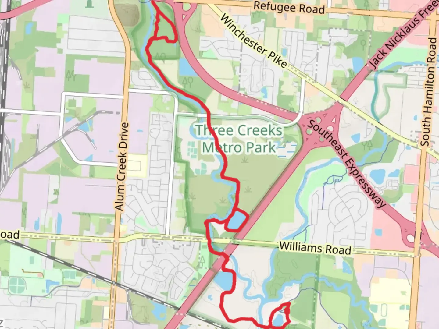 An image depicting the trail Loop beside Turtle Pond, Heron Pond and Alum Creek and its surrounding area.