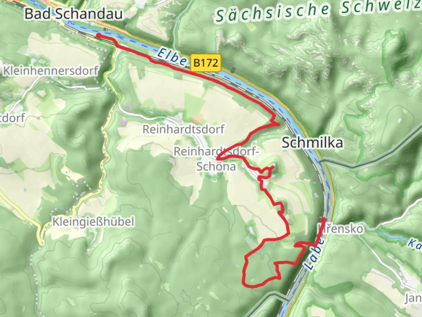 An image depicting the trail Hrensko to Krippen Walk via Zirkelstein and its surrounding area.