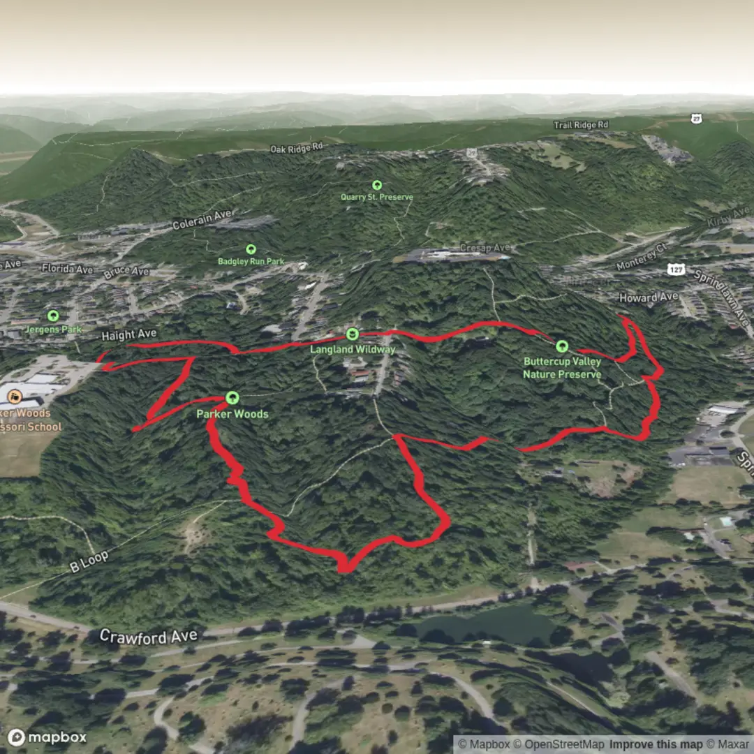 An image depicting the trail Buttercup Valley Nature Preserve and Parker Woods Loop and its surrounding area.