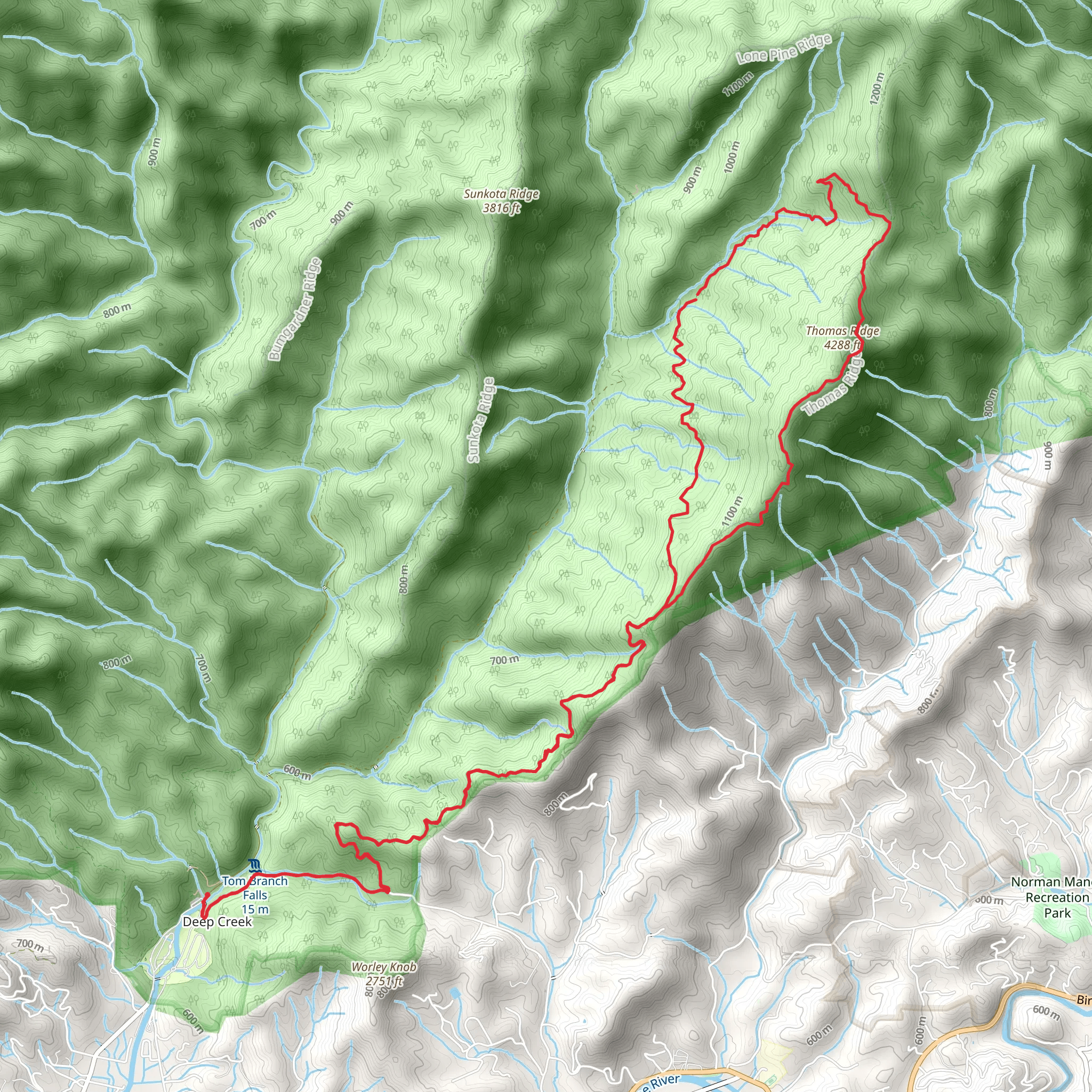 Thomas Divide, Deep Low Gap, and Indian Creek Motor Trail mobile static map