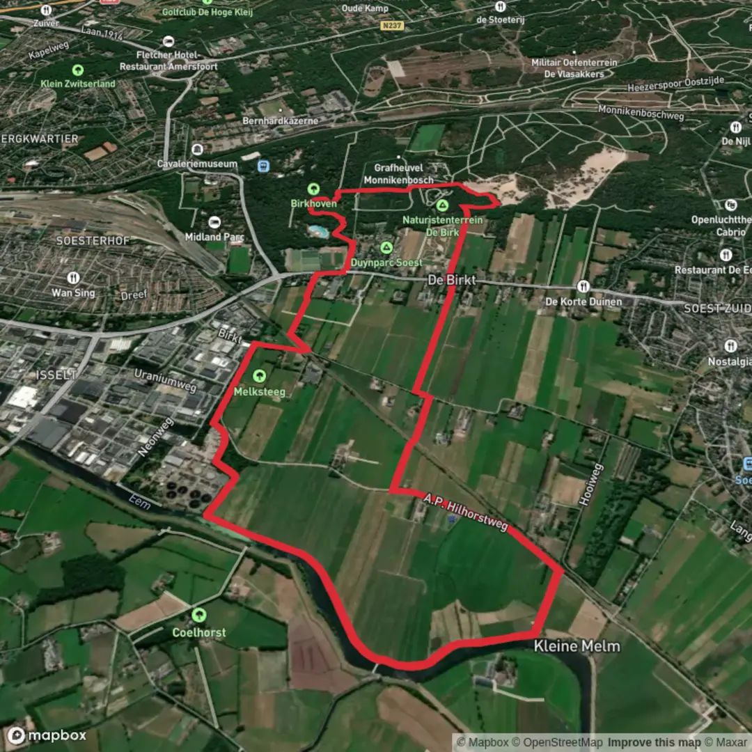 An image depicting the trail Bosvijver, Eem and Monnikenbosch Loop and its surrounding area.
