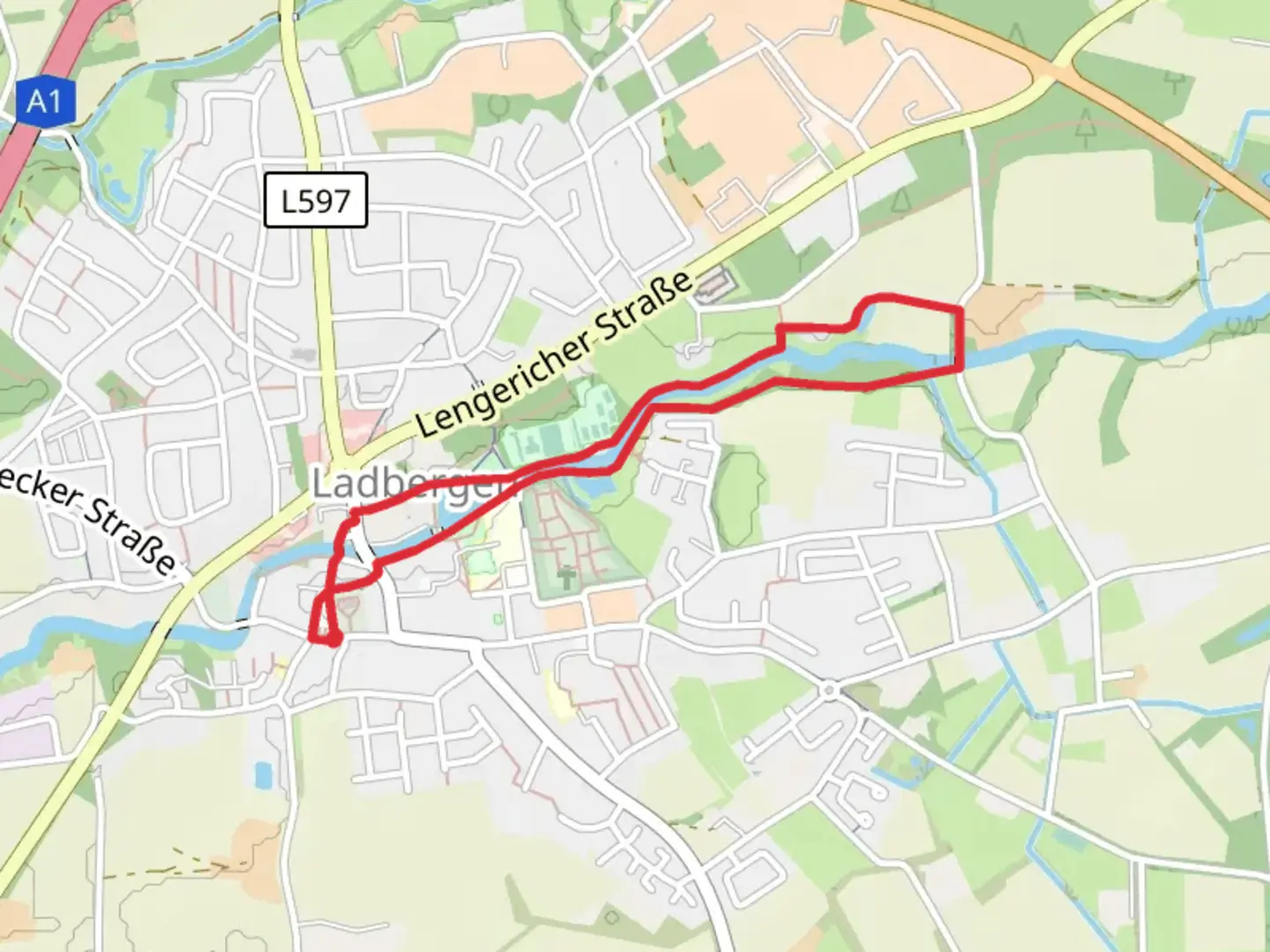 An image depicting the trail Friedenspark and Ladberger Muehlenbach via Rheine Warendorf and its surrounding area.
