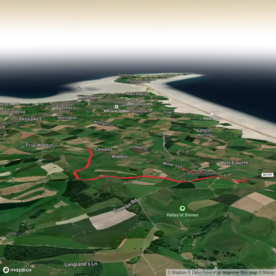 An image depicting the trail Portesham Loop via Hardy's Monument and Hell Bottom and its surrounding area.