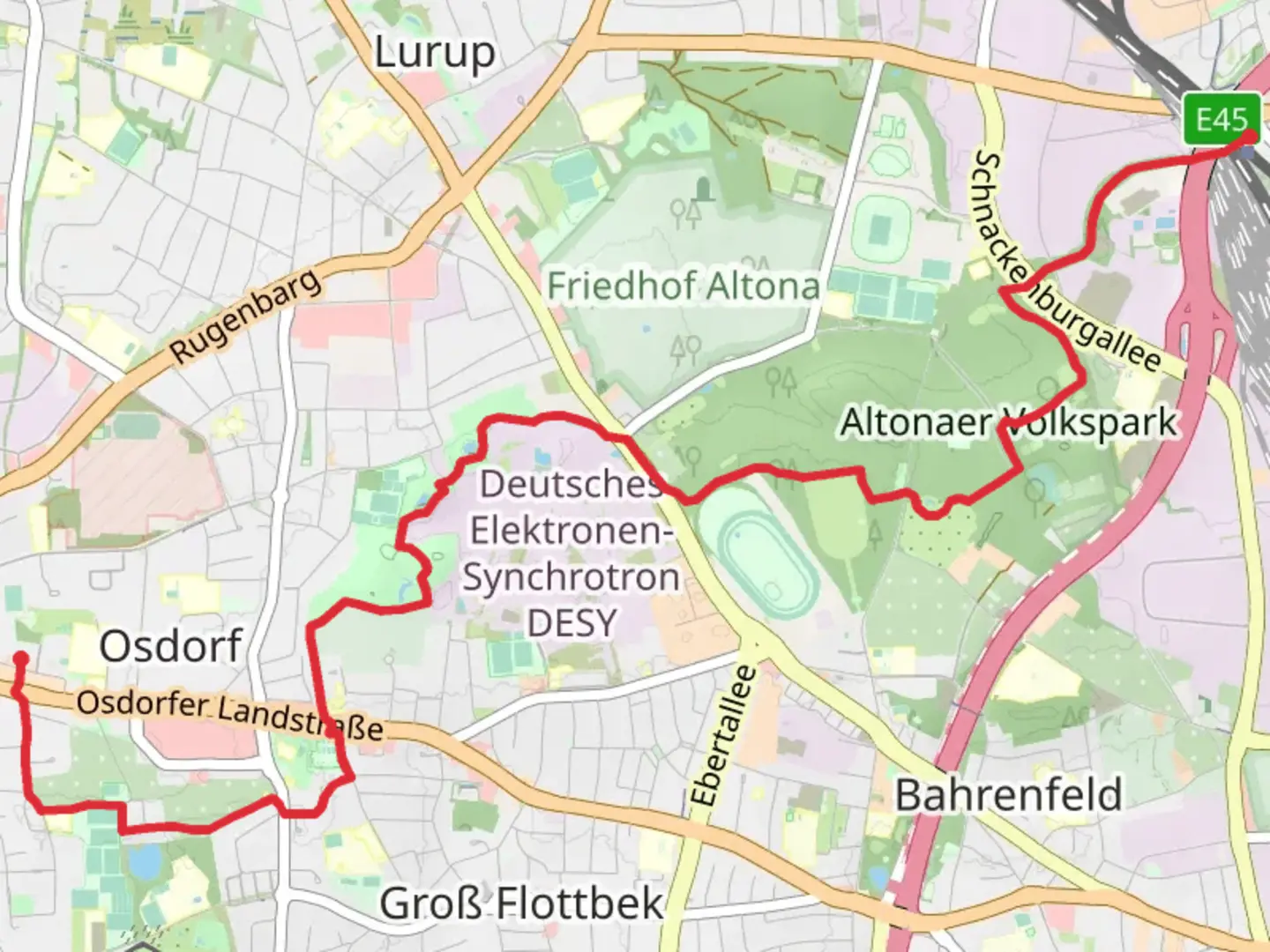 An image depicting the trail Stellingen to Osdorf via Eisenkraeutweg and its surrounding area.