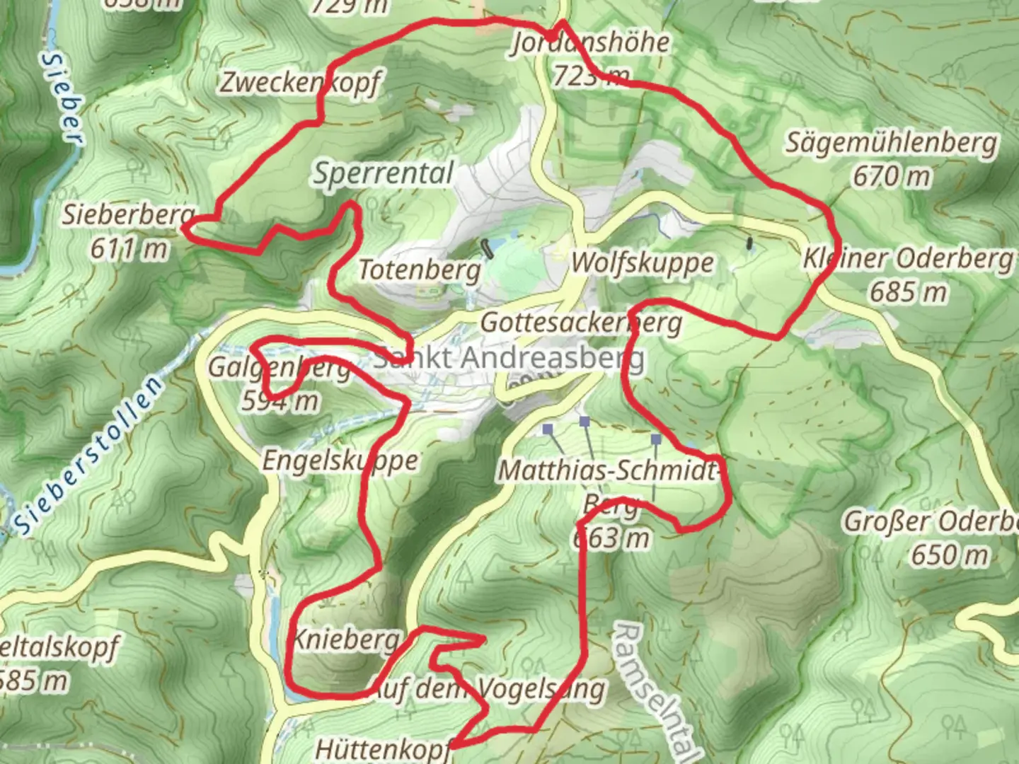 An image depicting the trail Sankt Andreasberg Loop via Jordanshohe and its surrounding area.