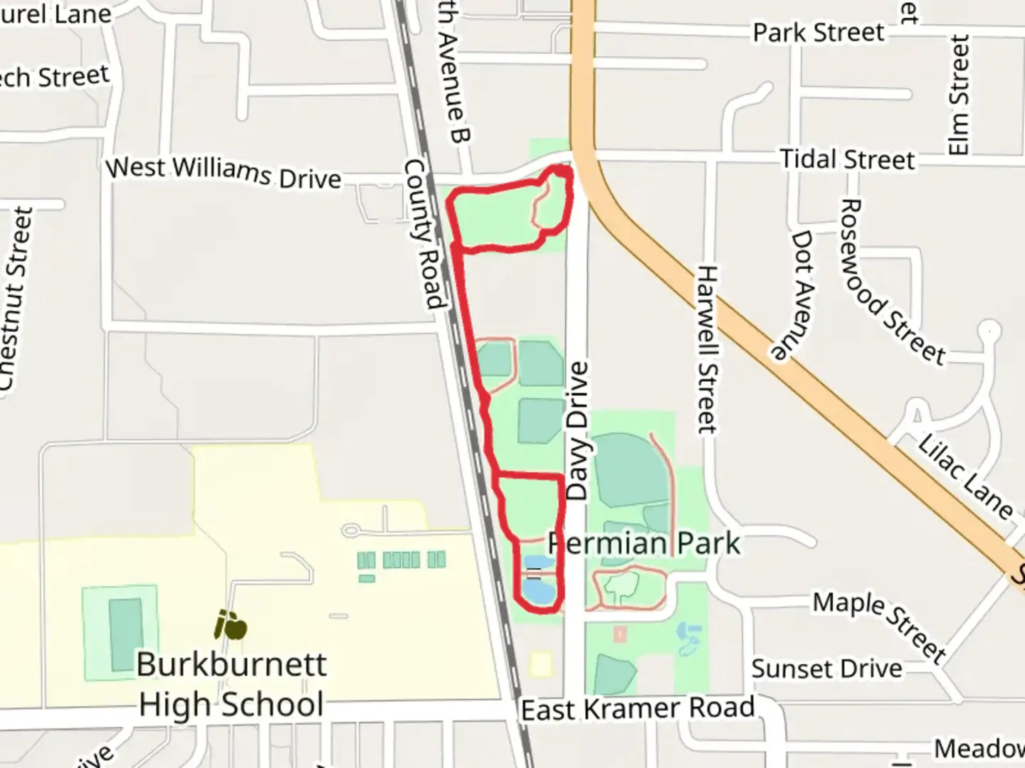 An image depicting the trail Burk Royalty Park and Friendship Community Park Loop and its surrounding area.
