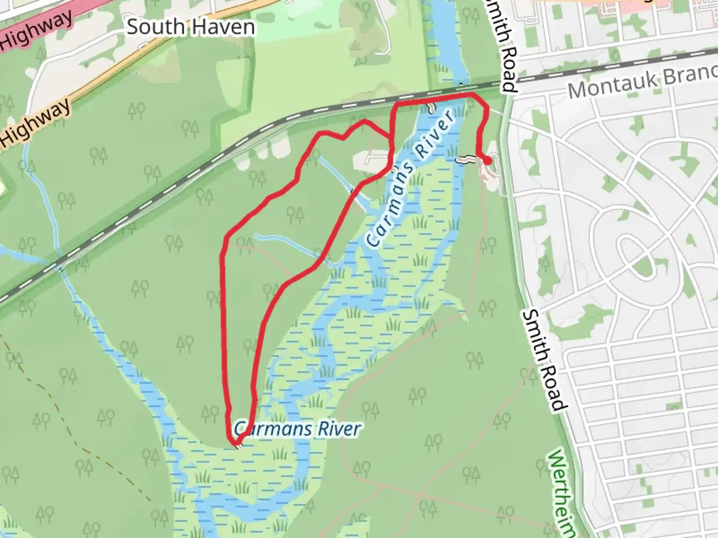 An image depicting the trail White Oak Trail Loop from Carmans River and its surrounding area.