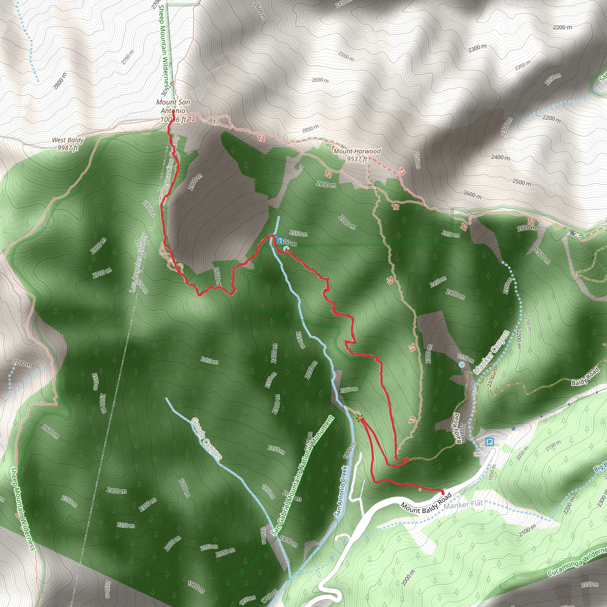 Mount San Antonio via Baldy Bowl Trail mobile static map
