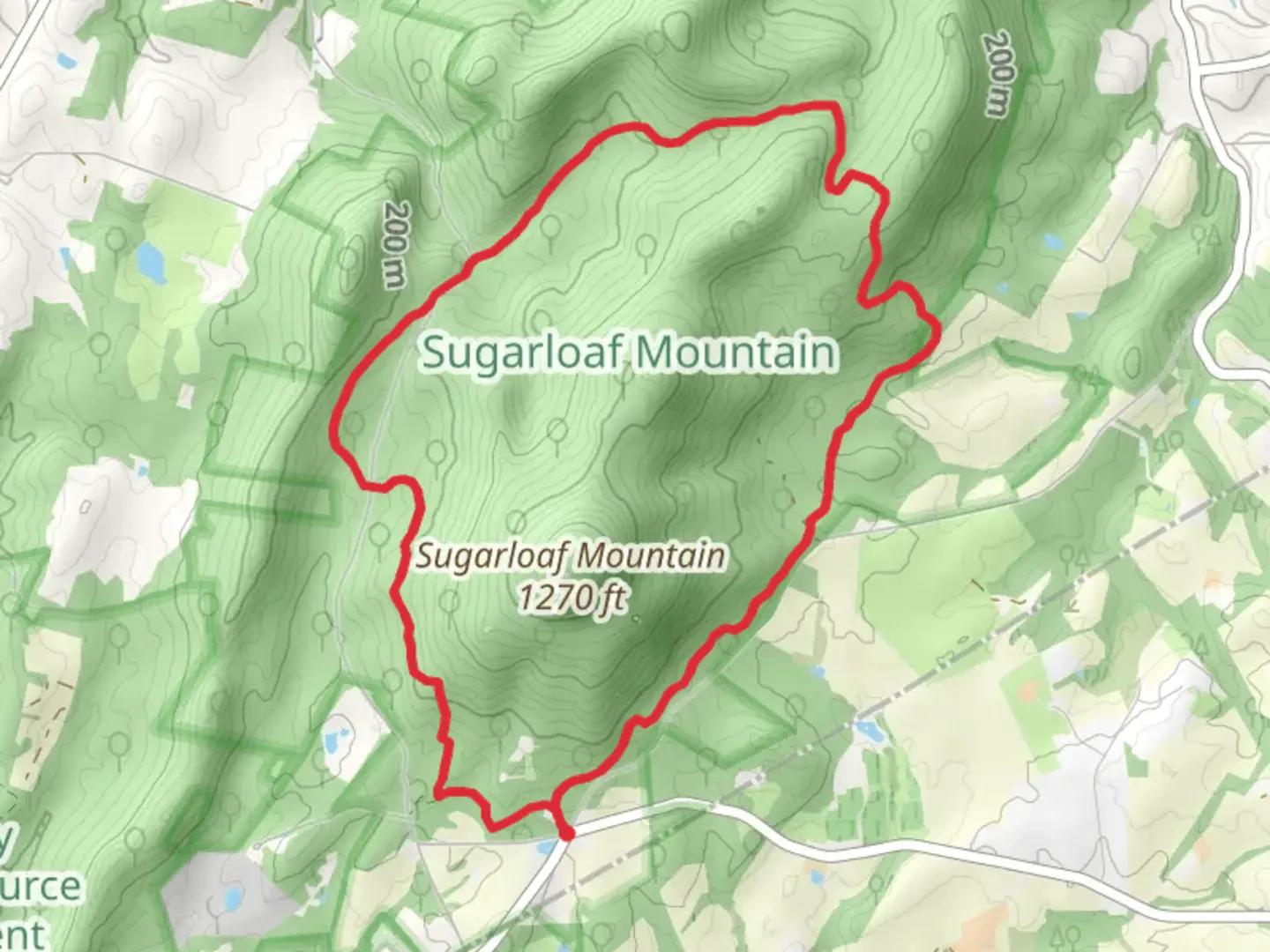 An image depicting the trail Sugarloaf Mountain - Saddleback Yellow Loop Trail and its surrounding area.